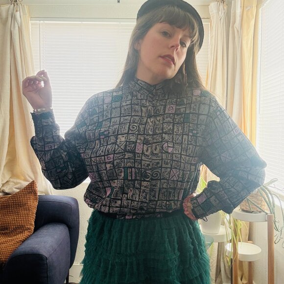 PRICE FIRM Vintage 80s 90s Grey Abstract Print Button Down Blouse Jacket | S/M - Picture 1 of 17